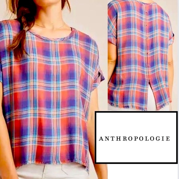 Anthropologie Cloth & Stone “Mallory” Button Back Flannel Plaid Short Sleeve Top - Picture 2 of 11